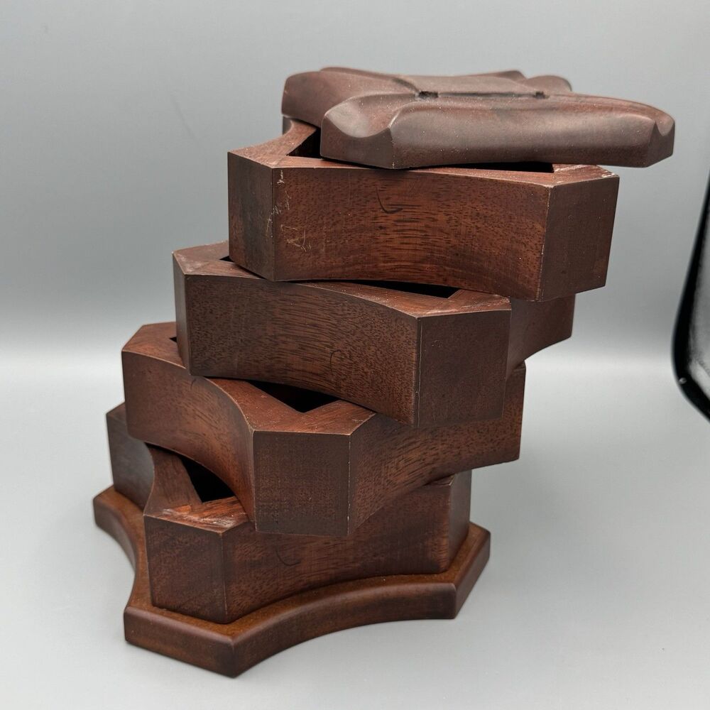 2003 Bombay Wood Tiered Swivel Jewelry Trinket Box 4 Compartments Red Felt Lined